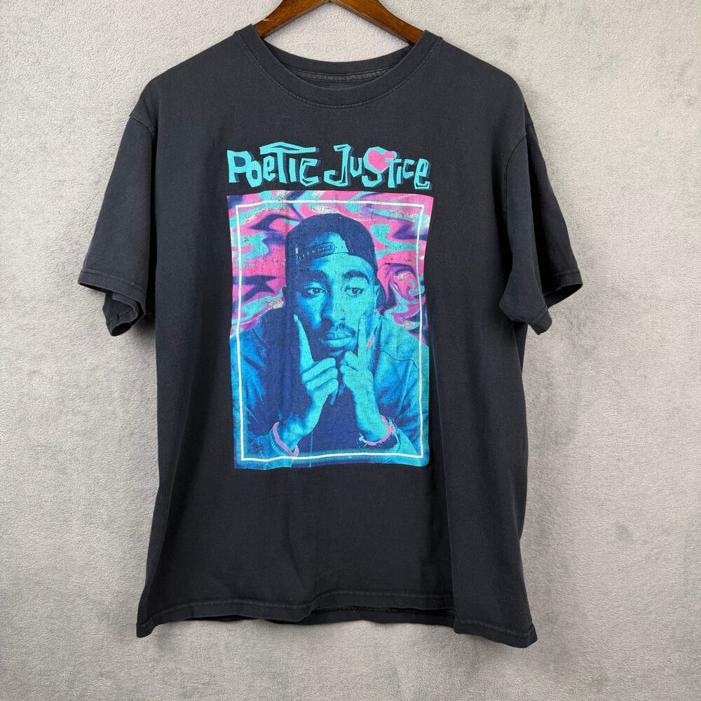 Tupac Shakur Poetic Justice T Shirt Mens SZ L Retro 90s Black Neon Streetwear